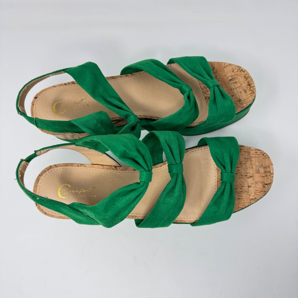 Comfort View Green Faux Suede Triple Bow Cork Platform Wedge Sandals 11W - Picture 6 of 6